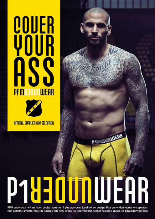 NAC speler Joey Suk in advertentie P1 underwear. 